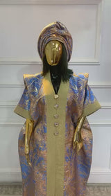 Baby Blue  & Gold Stripes African Damask Bubu Boubou African Elegant Event Dress
