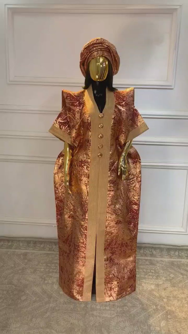 Maroon & Gold African Damask Brocade Bubu Boubou Elegant Event Dress