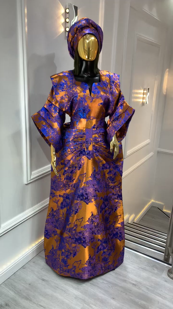 Royal Blue & Gold African Waist Snatched African Damask Bubu Boubou Elegant Event Dress