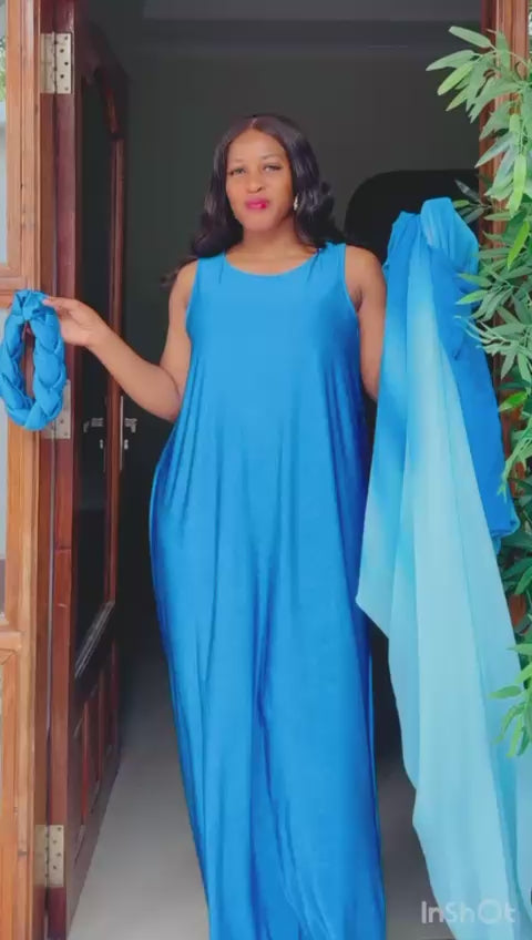 Blue 3 Piece Umunde Somalic Shiffon Underdress and Braided Headband