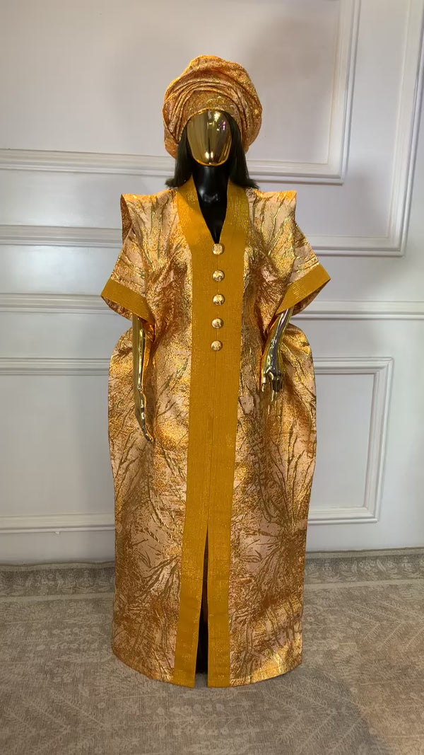Gold African Damask Brocade Bubu Boubou Elegant Event Dress