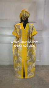 Yellow Floral & Gold Mix African Damask Bubu Boubou Elegant Event Dress