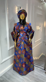 Royal Blue, Maroon & Gold African Waist Snatched African Damask Bubu Boubou Elegant Event Dress