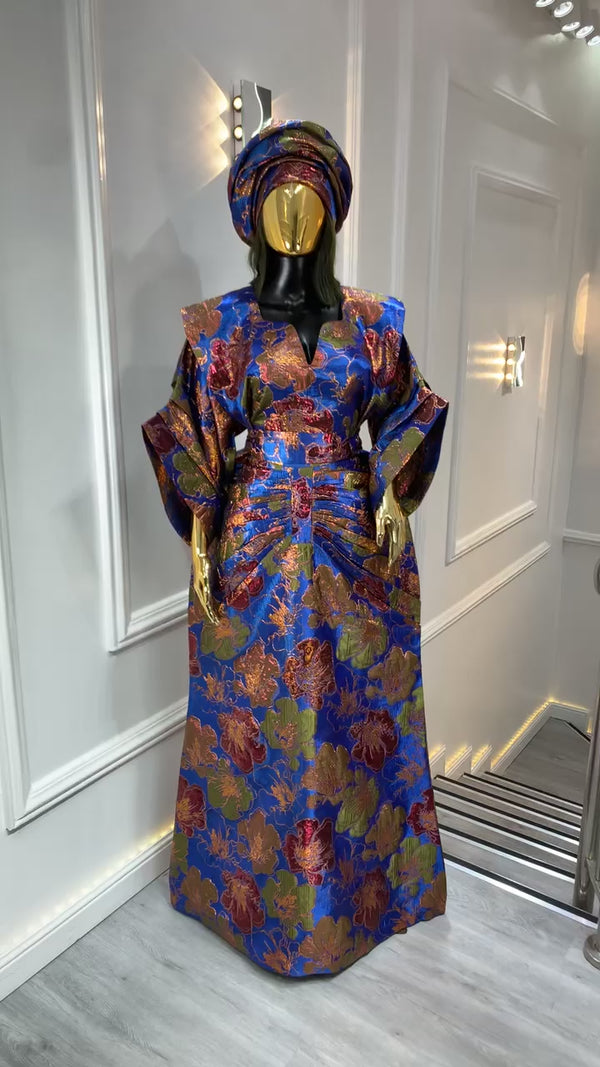 Royal Blue, Maroon & Gold African Waist Snatched African Damask Bubu Boubou Elegant Event Dress